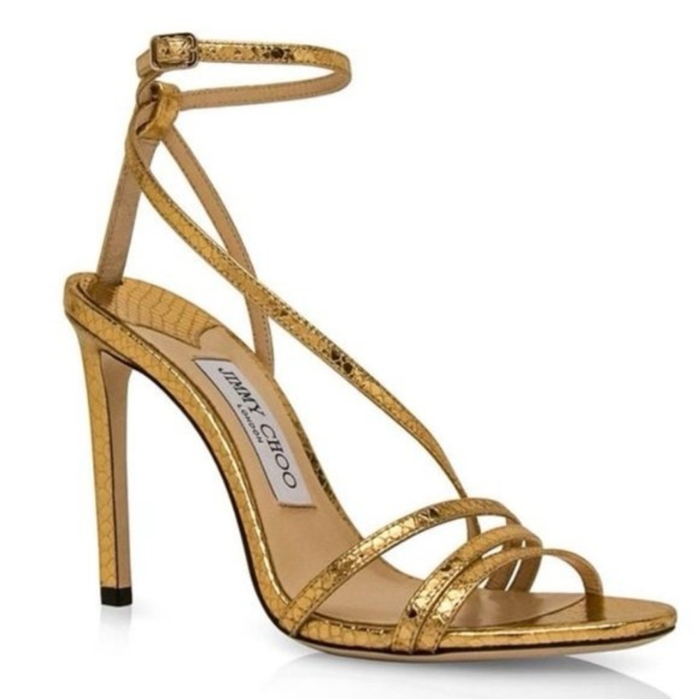 JIMMY CHOO Snakeskin Embossed Tesca 100 Sandals SZ 35 (US 5 ) Gold